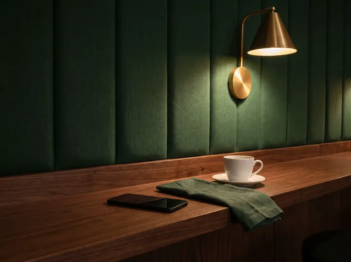 A phone lying face down on a walnut ledge beside a folded green napkin and a coffee cup, under a brass wall lamp.