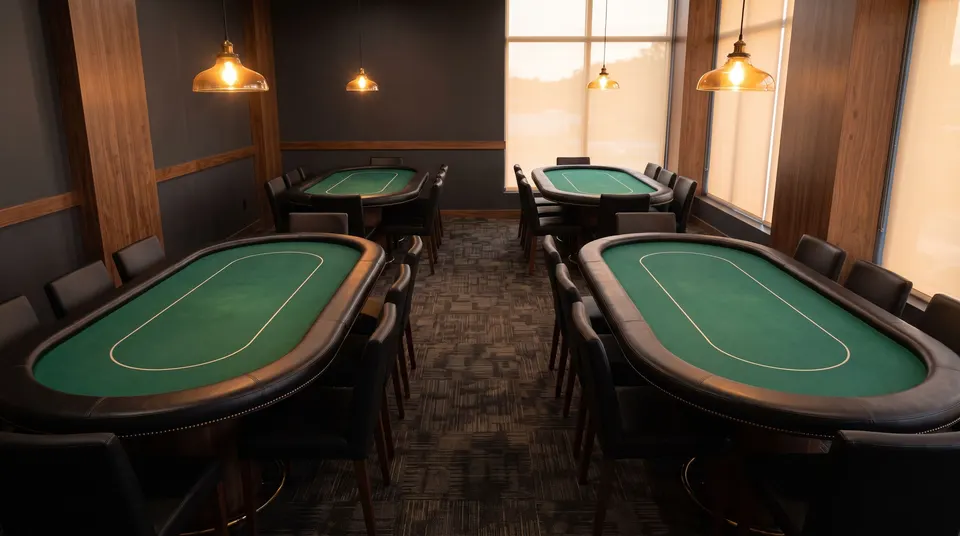 An empty poker room before opening: oval tables with deep green felt and black padded rails, chairs tucked in, warm pendant lamps and tall windows.